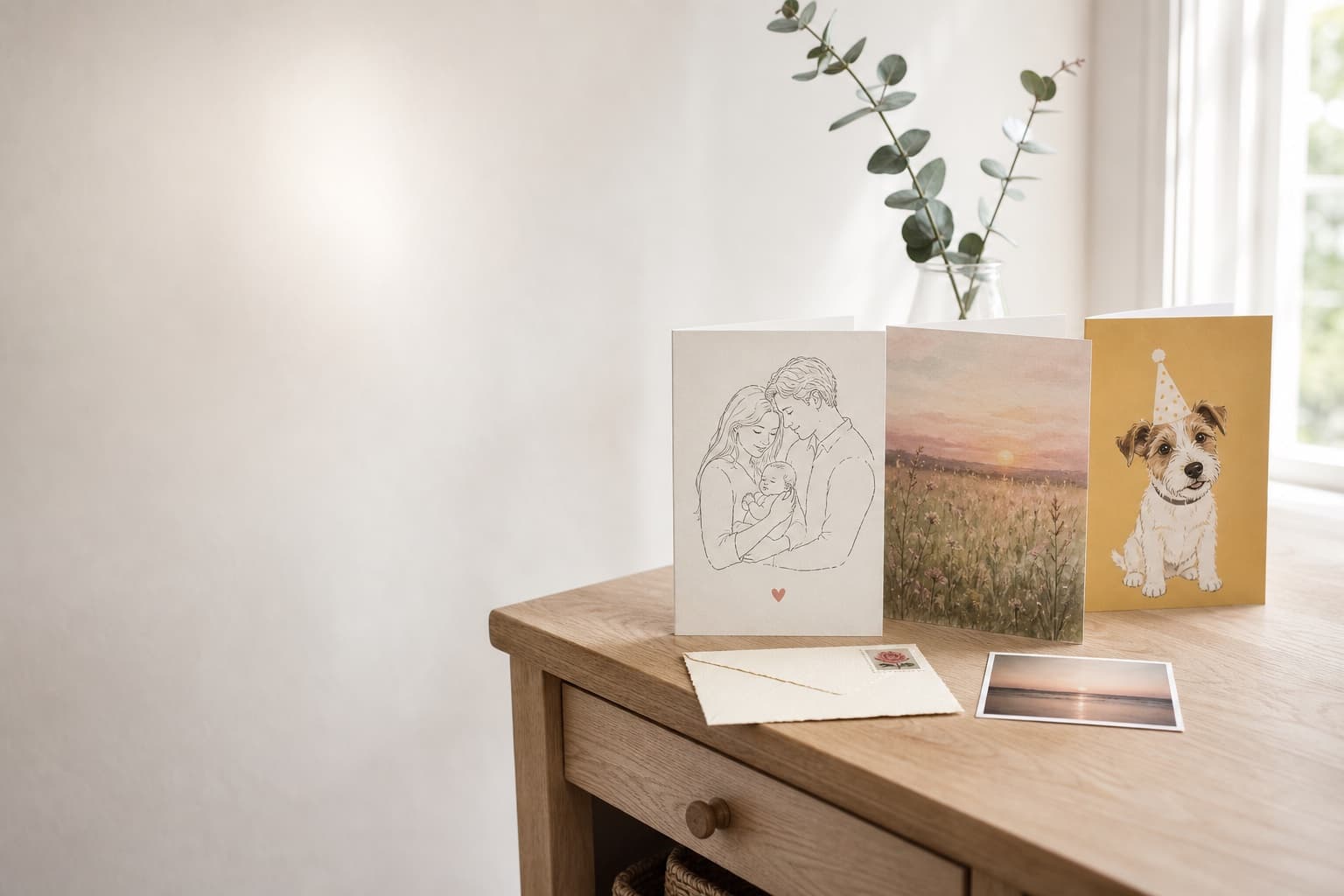 Three personalised greeting cards standing on an oak console table beside a stamped envelope, a photo print and a vase of eucalyptus