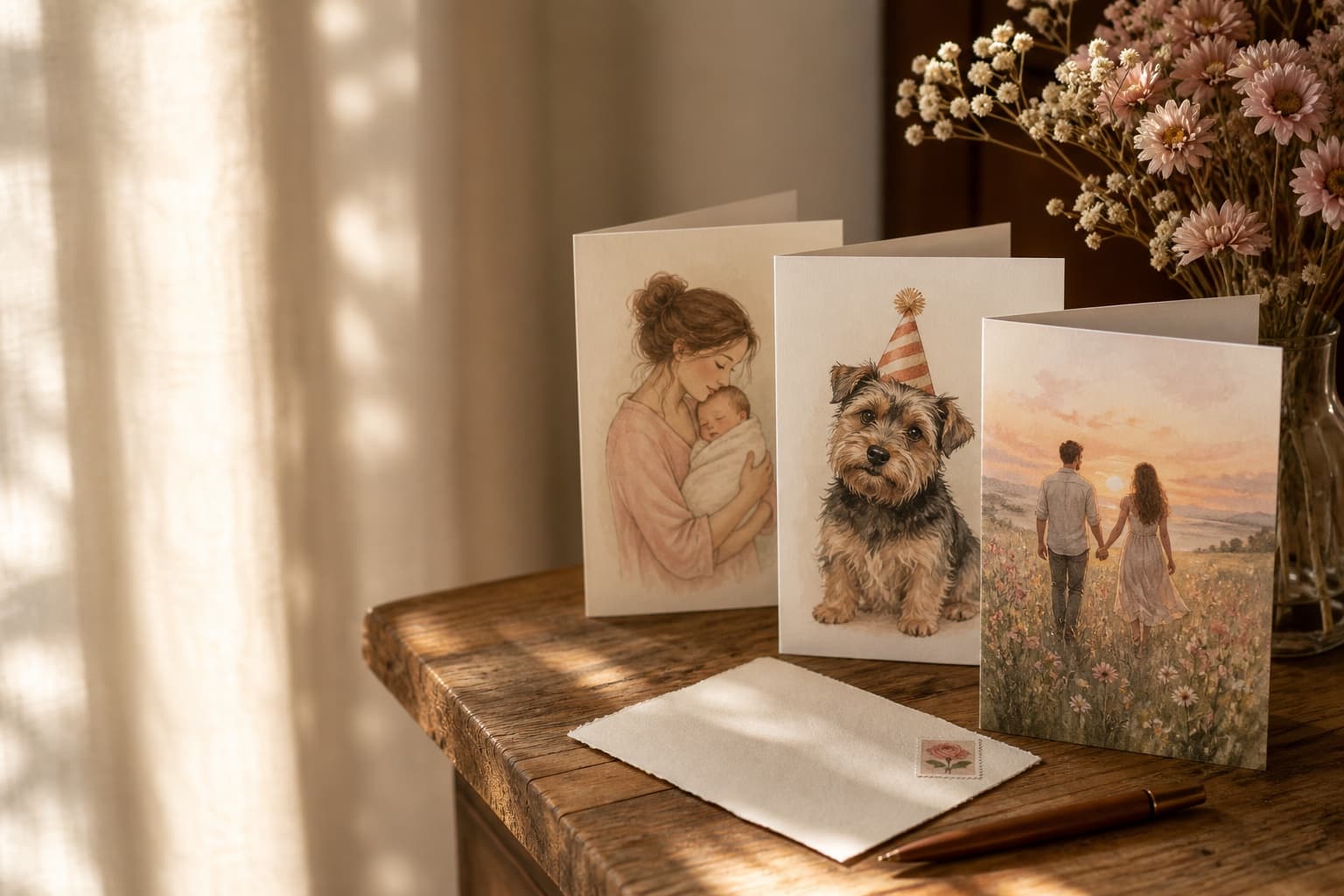 Printed cards resting on a table in late afternoon light beside a stamped envelope