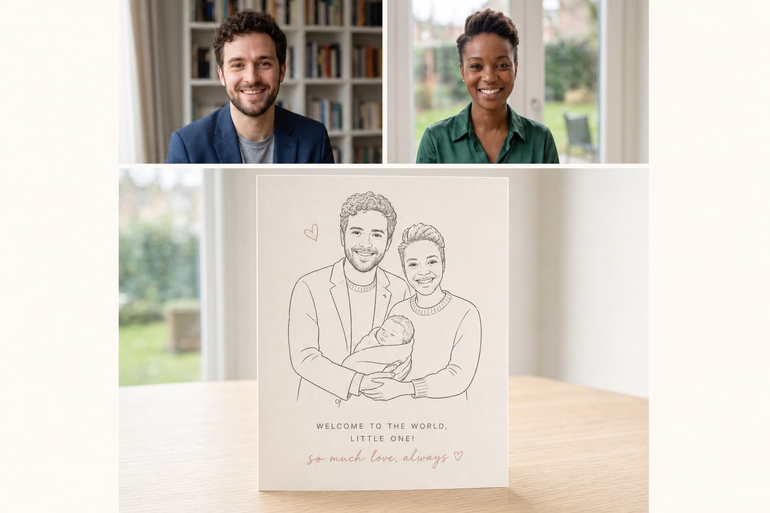 Two portrait photographs above the card they were drawn into