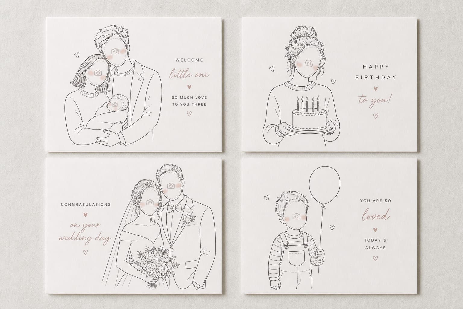 Four line-drawn card templates with blank ovals marking where each face will be placed