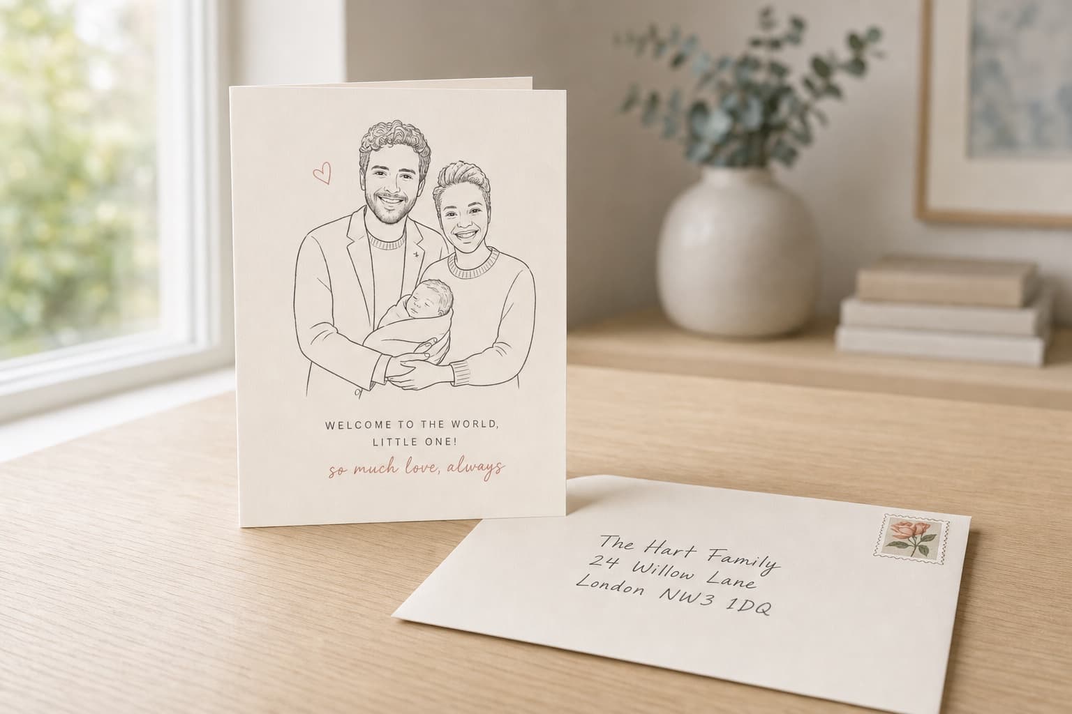 A finished printed card standing beside a hand-addressed envelope
